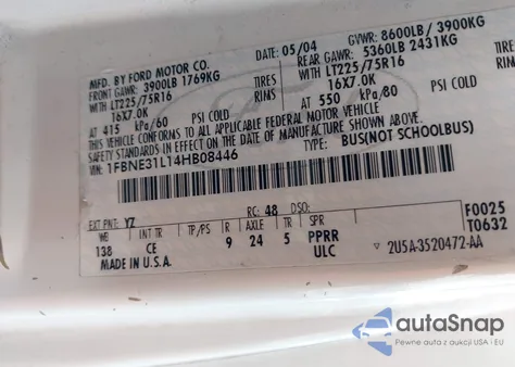 2004 Ford E-350 Super Duty Chateau/Xl/Xlt z USA, uszkodzony, nr VIN 1FBNE31L14HB08446